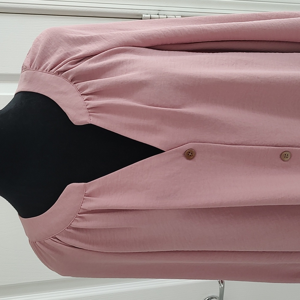 Catherine's Dusty Rose Silky Button Down Tunic Blouse Loose Billowy Sleeves 3X - Picture 2 of 6